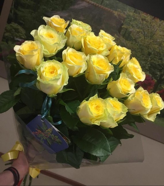 Роза Илиос (желтая). Букет из 21 розы. Высота 40 см