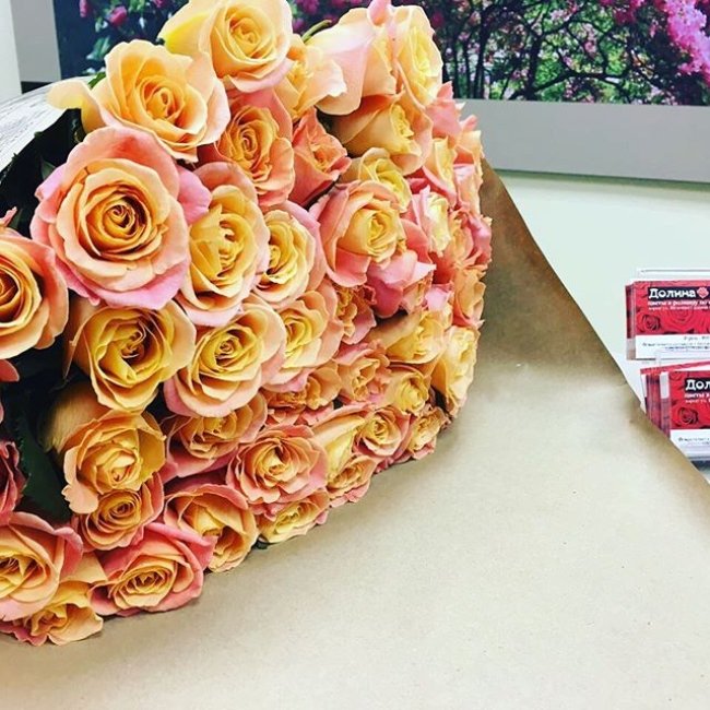 Роза Мисс Пигги (розово-желтая). Букет из 41 розы. Высота 50 см